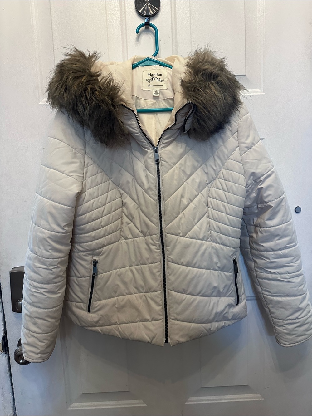 Cream Quilted Puffer Jacket with Faux Fur Trim